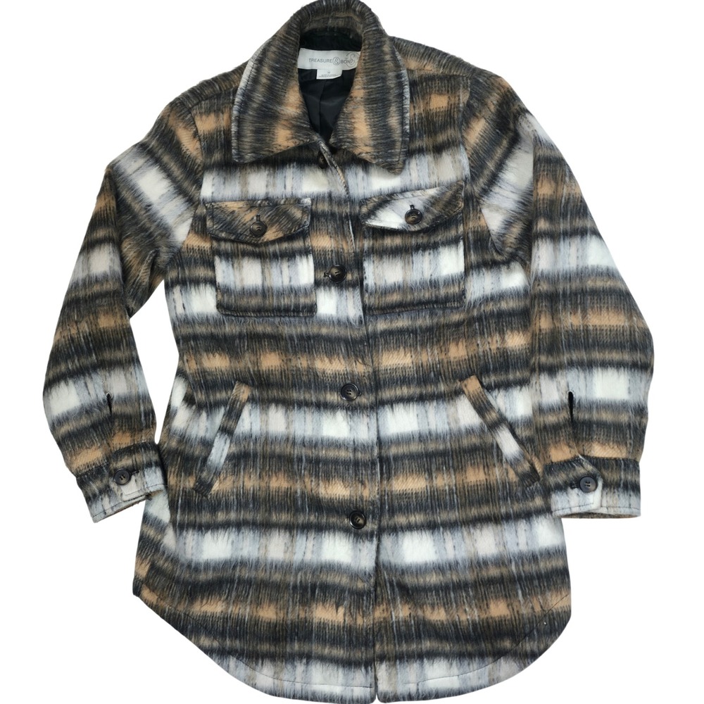 Treasure & Bond Womens Plaid Shacket Fuzzy Shirt Jacket Tan Black‎ White Medium